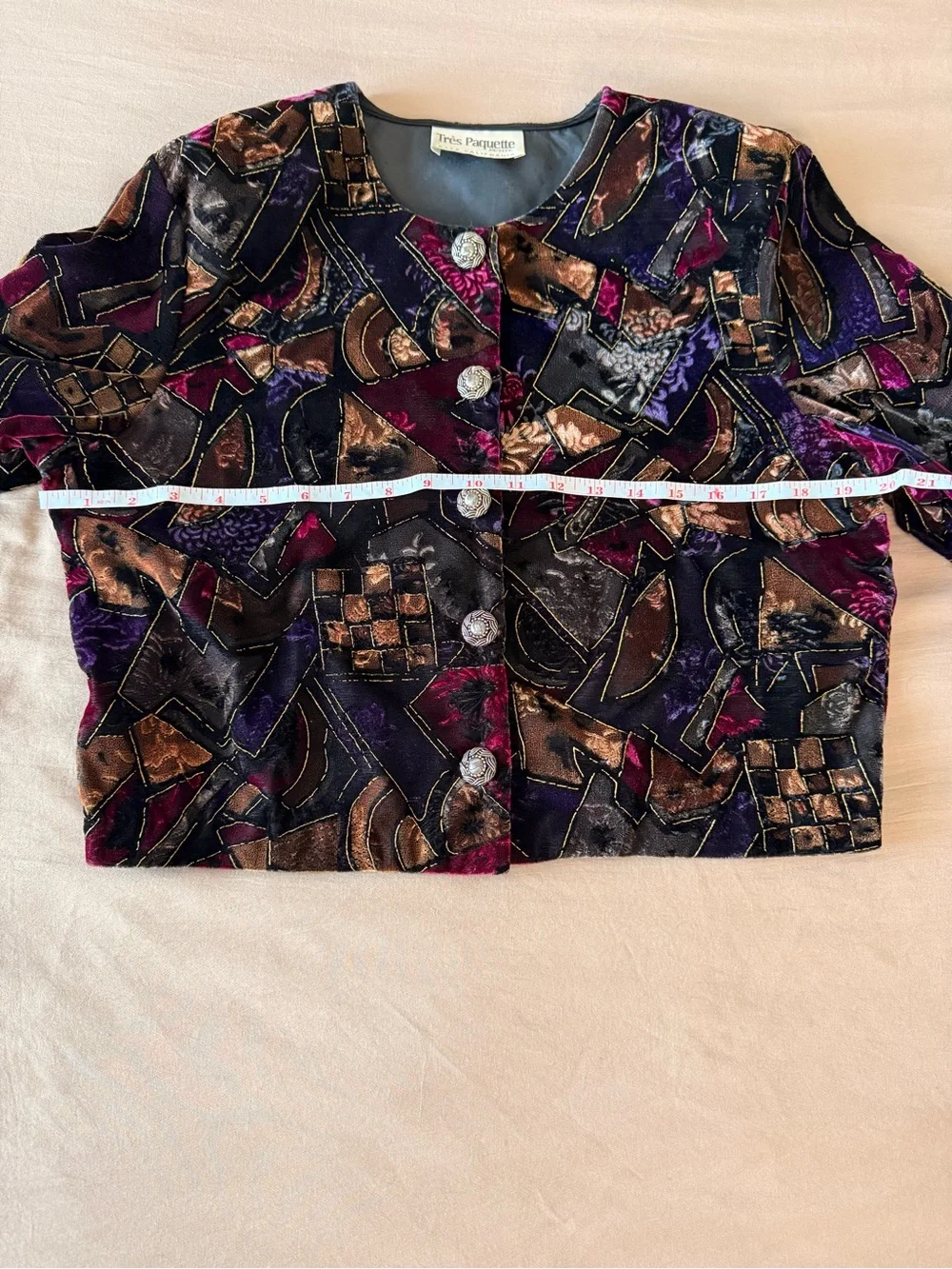 VTG Tres Paquette Velvet Cropped Blazer Abstract Multi Metallic Sz 10 Petite
